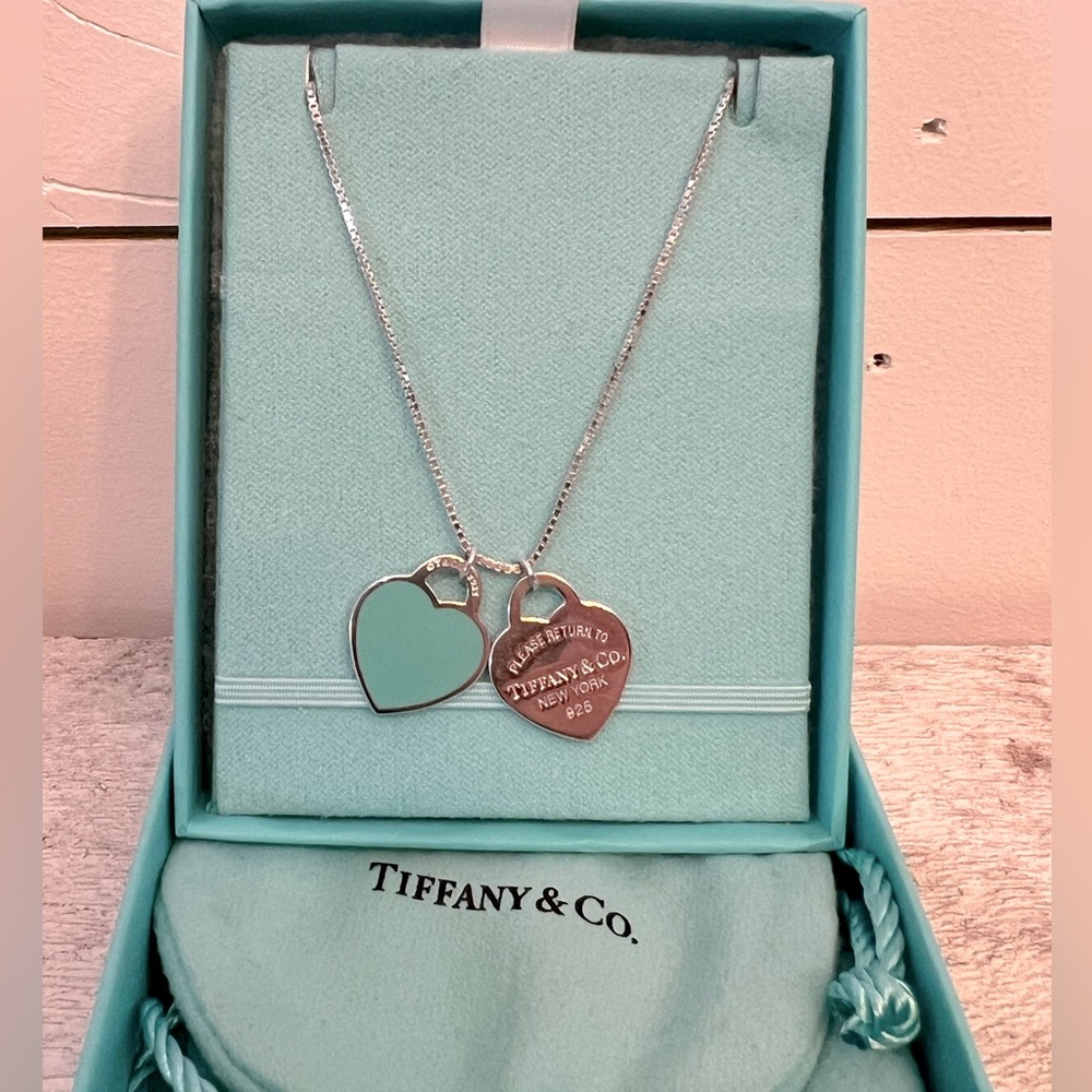 T&Co. 925 Small Tiffany Blue Enamel Double Heart Necklace